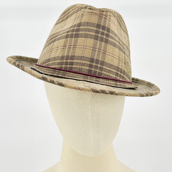 Vintage Y2K Ben Sherman Plaid Beige Brown Fedora Hat w Crest Print - Picture 1 of 8